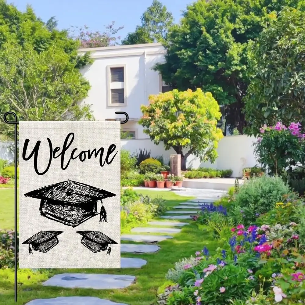 Congrats Grad Black Diploma Cap Garden Flag Burlap 12x18 Inch Double Sided Outside, Welcome Graduation Ceremony Sign Small F ZZU