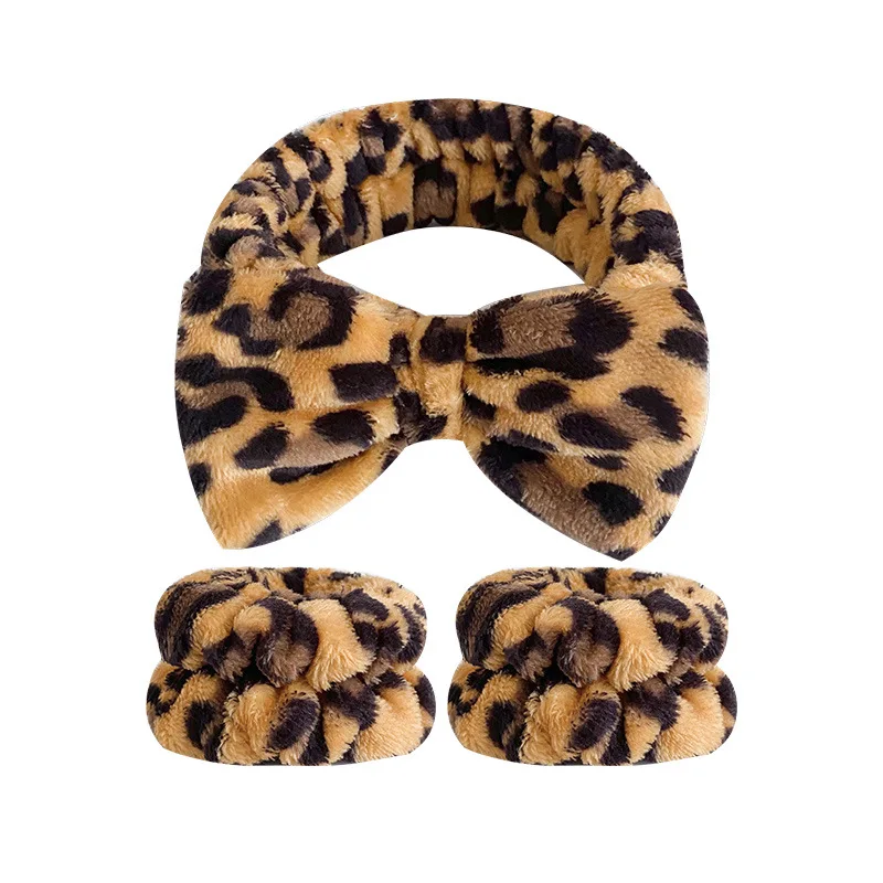 Flannel bow elastic colored leopard print face wash makeup 1CS headband+2pcs wrist strap set