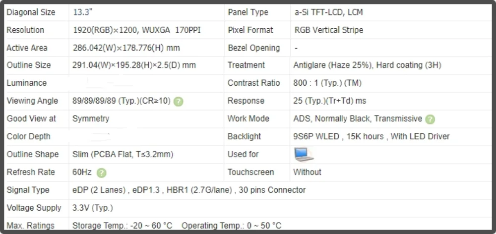 Imagem -03 - Ecrã Lcd Nv133wum N60 Nv133wum N60 13.3 Painel Ips 60hz Fhd 1920x1200 sem Toque