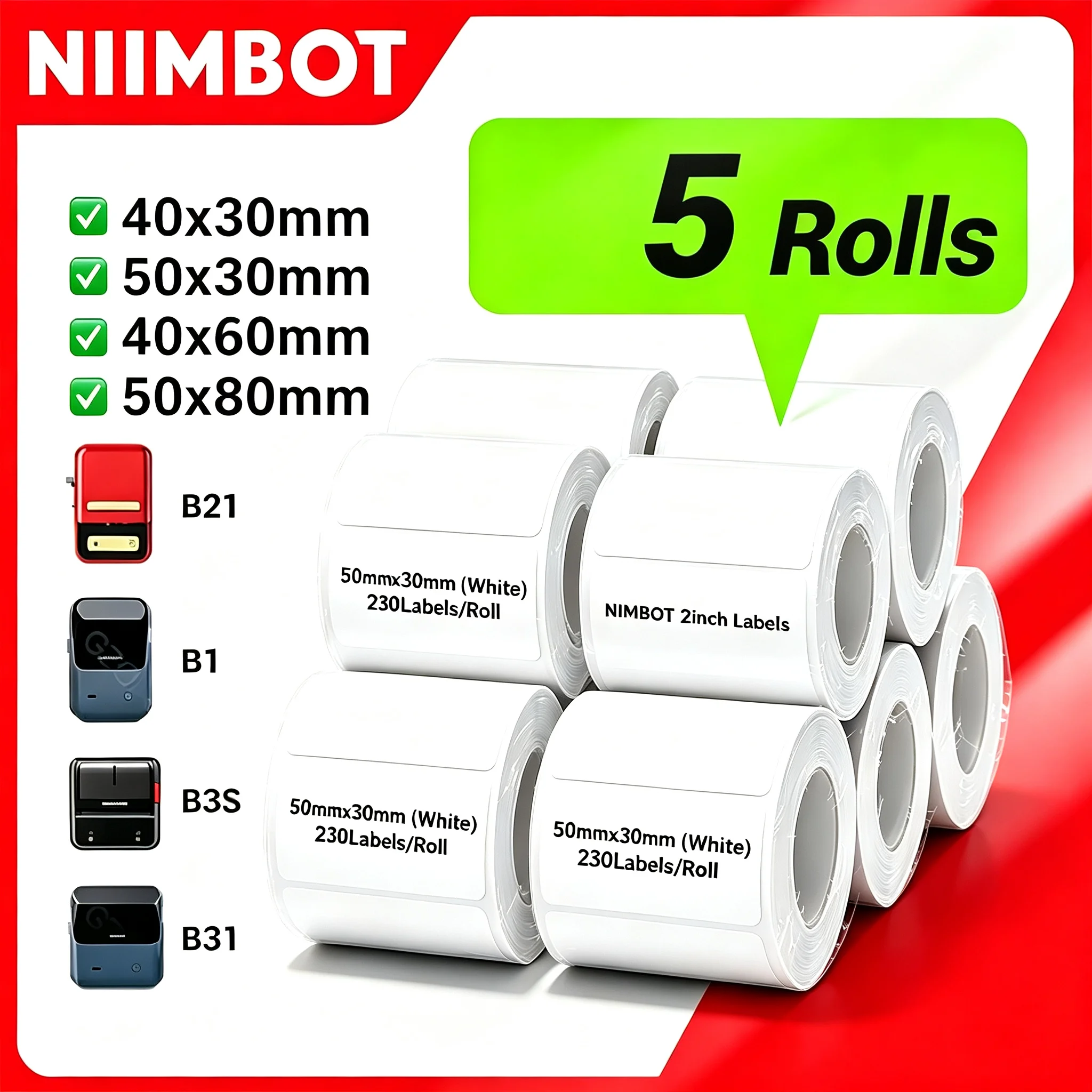 5 rolls Niimbot white label paper 20-50mm, suitable for niibot b21 b3s b1 b203 b31, waterproof stickers, Christmas gift labels