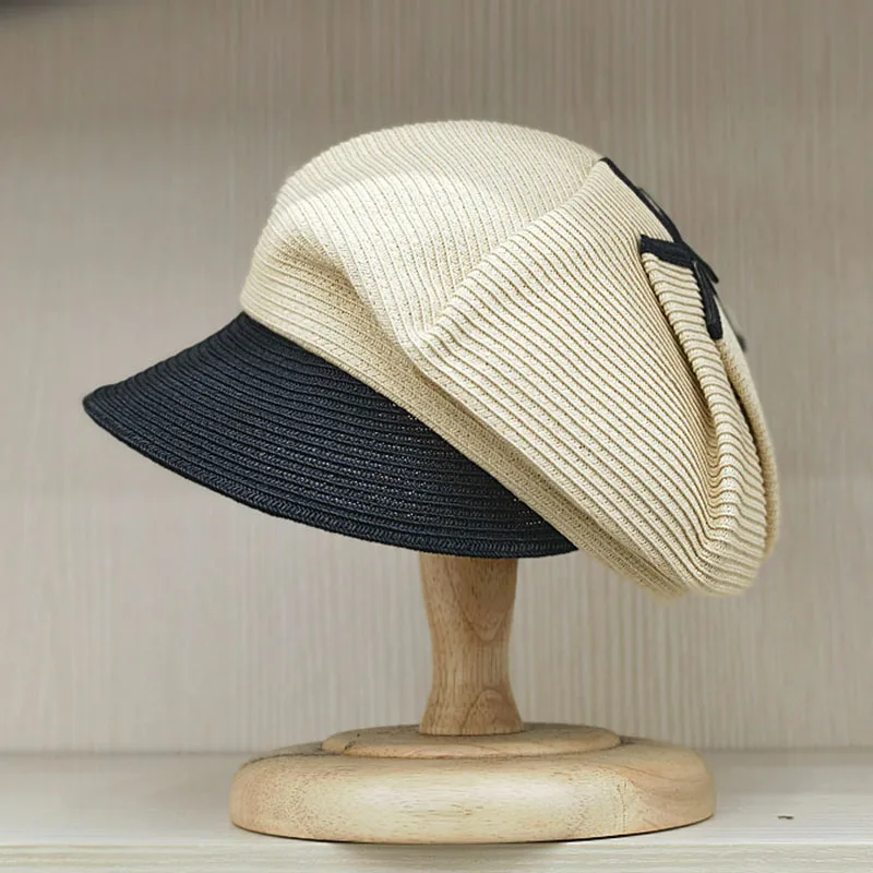 New Bow Summer Hat Beach Sun Cap Two Tones Patchwork Straw Cap Wide Brim Visor Newsboy Hat Vacation Beach Hat Foldable Lady Girl