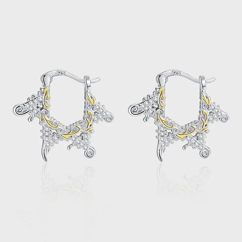 

S925 Sterling Silver Hexagonal Star Gold And Silver Contrasting Color Earrings, Heavy Metal Embossed Pattern Earrings Daily Wear