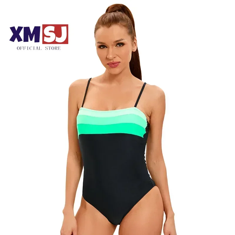 

2024 One-piece Swimsuit for Women,Contrast Color Patchwork Sports Bikini,Suspender Leakback Slim Beachwear Summer Monikini