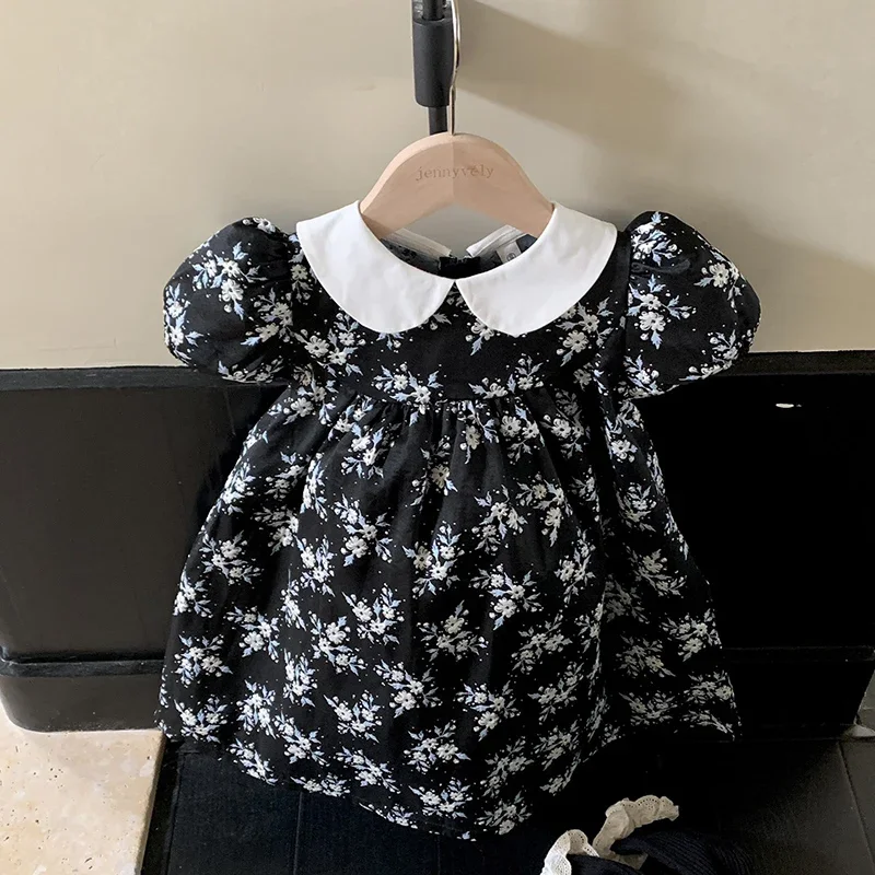 Herfst babykleding zus look zwarte bloemen borduurwerk babymeisje bloemblaadje kraag romper elegante prinses verjaardagsfeestje jurk