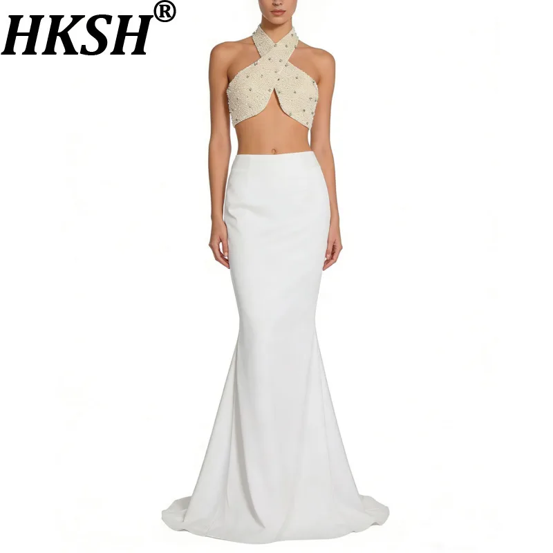 

HKSH Women Sexy Two-piece Set Studded Diamonds Pearl Halter-neck Short Vest Tank Tops Mermaid Skirt Party Evening Outfit HK21173