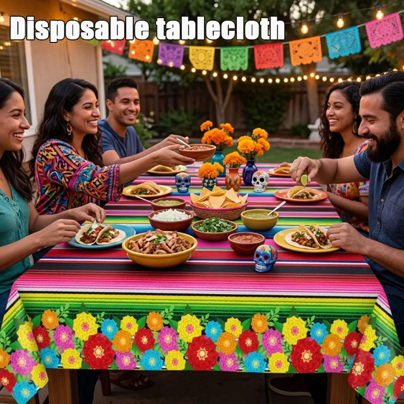 1-4PCS Colorful Mexican Stripe Floral Disposable Tablecloth Waterproof Plastic Table Cover for Taco Night Gathering