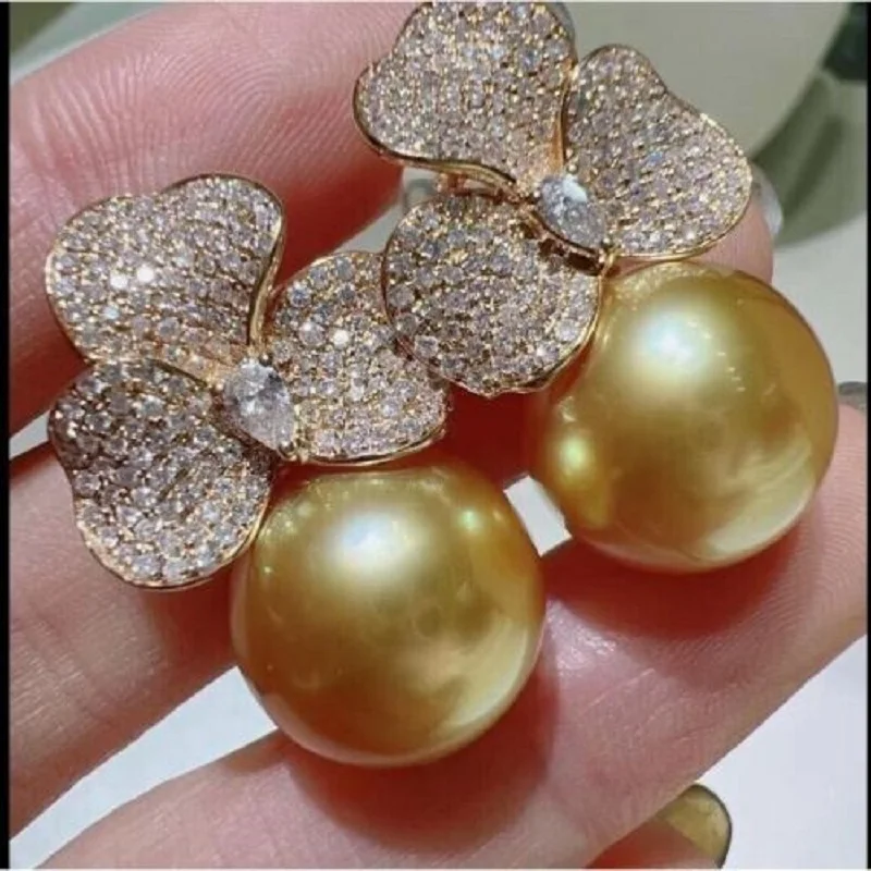 Gorgeous AAAA+Huge11-12mm real natural Round Golden South Sea Pearl Earrings 925