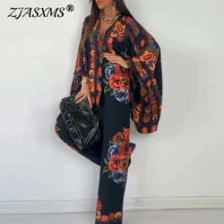 Ethnic Floral Print Vintage Sets Womens Sexy Single Breasted V-neck Blouse Shirts High Waist Pant Outfits Spring Fall Loose Suit