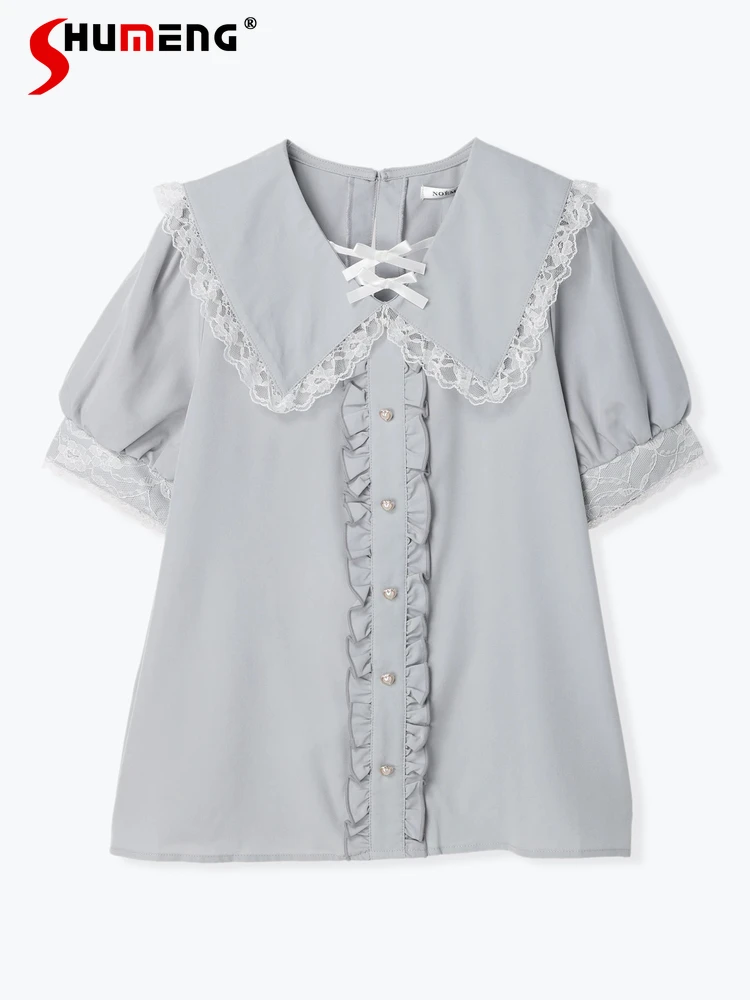 Lolita Style Top Cute Lace Ruffled Bow Blouse Female Summer New Sweet Woman Mine Single-Breasted Doll Collar Short Sleeve Shirts