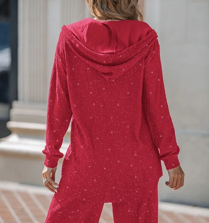 

Women's Two Piece 2025 Autumn/winter New Fashion Casual Hooded Button Long Sleeve and Wide Leg Pants Two Piece Women's Set