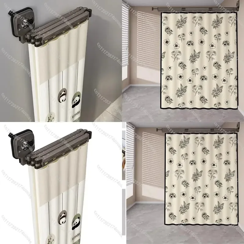 No Drill Invisible Foldable Shower Curtain with Hooks Waterproof Splash Guard Bathroom Liner for Wet Dry Separation Partition