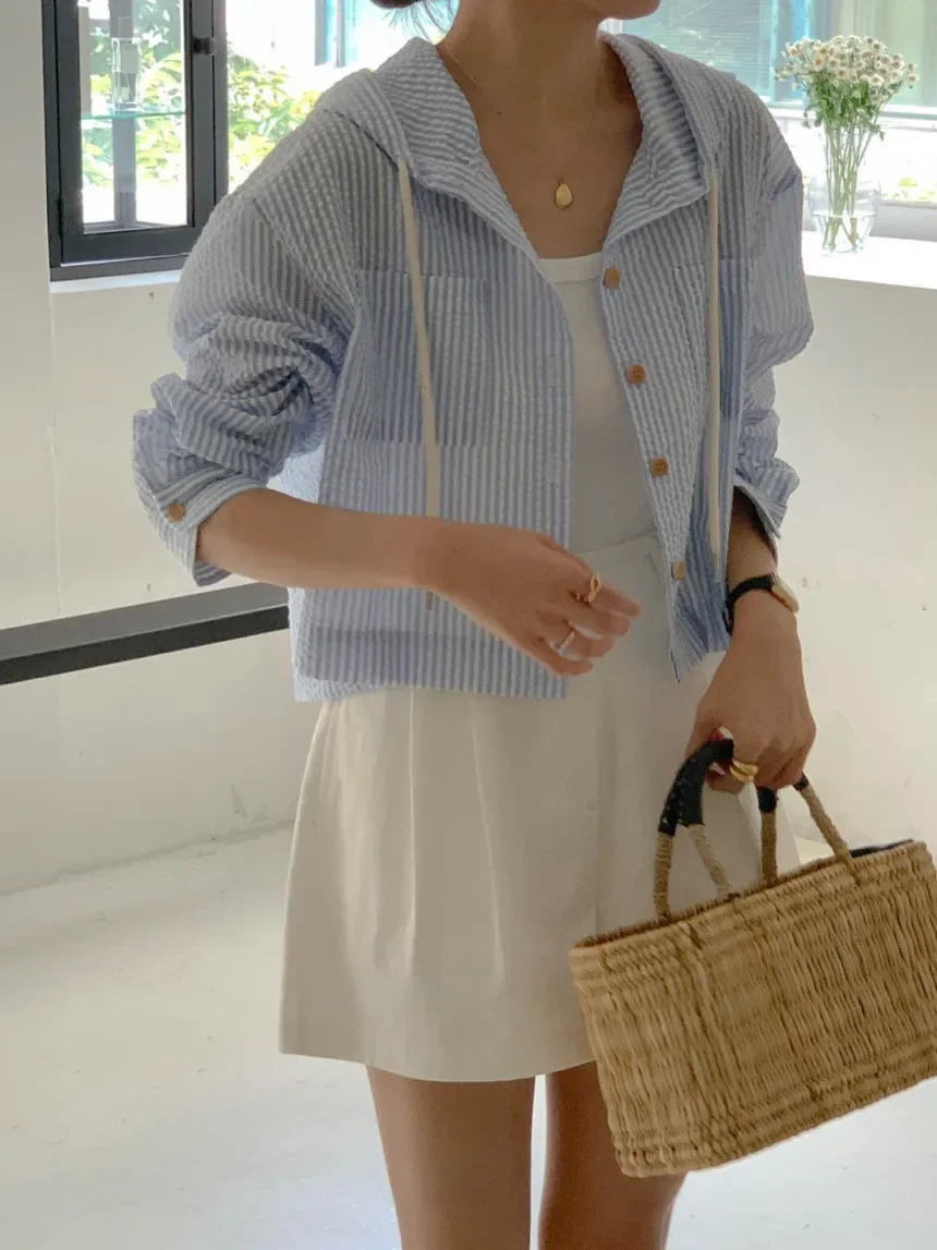 Summer Striped Shirt Hooded Coat Women Long Sleeve Casual Korea Style Ladies Blouses Fashion Loose Woman Coat 2024