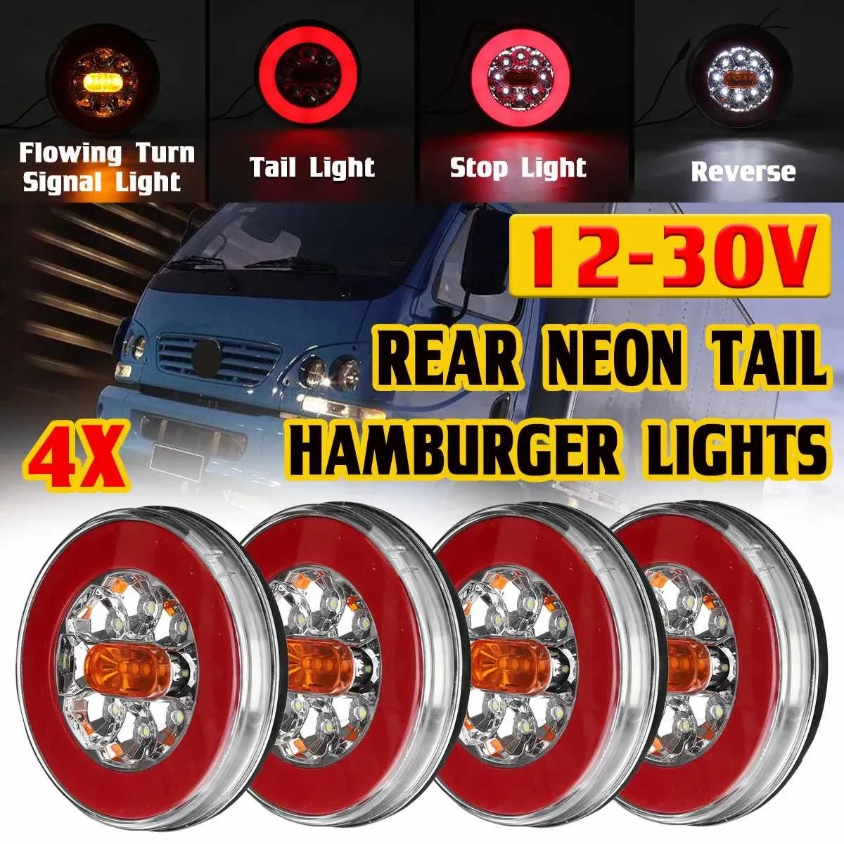 4PCS Truck LED Tail Light 12-24V 4-in-1 Trailer Dynamic Tail Light LED Brake Signal Light for Car Trailer Truck RV Bus