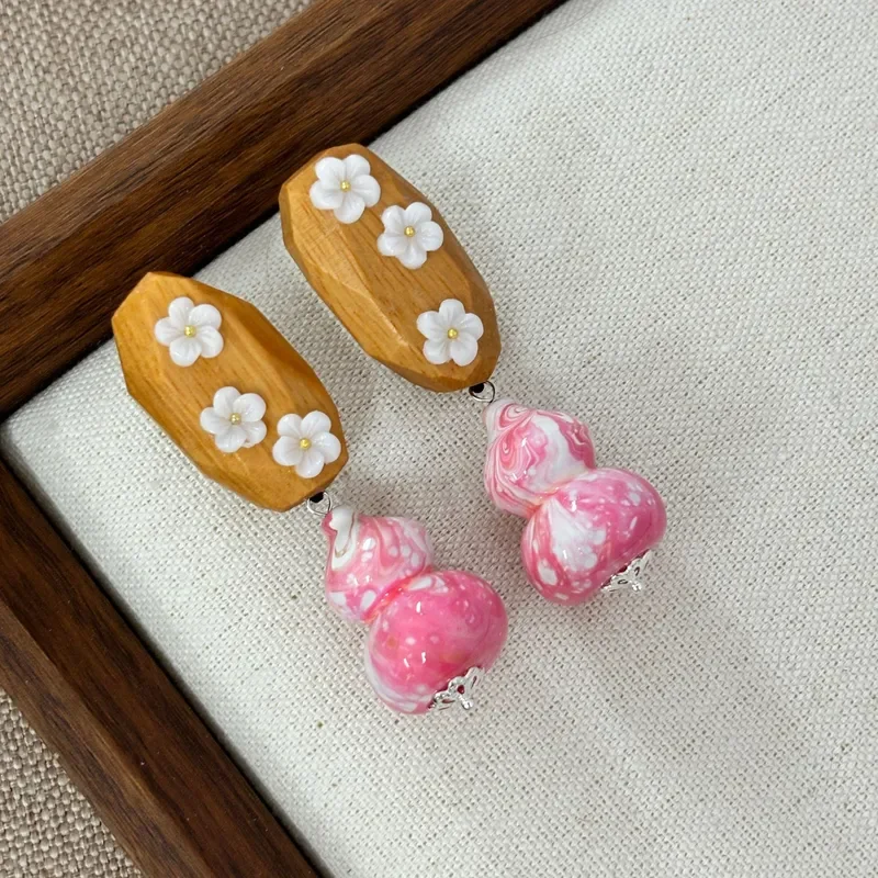 Intangible Cultural Heritage Handmade Large Lacquer Bead Earrings New Chinese Log Shell Small Flower Earrings National Style