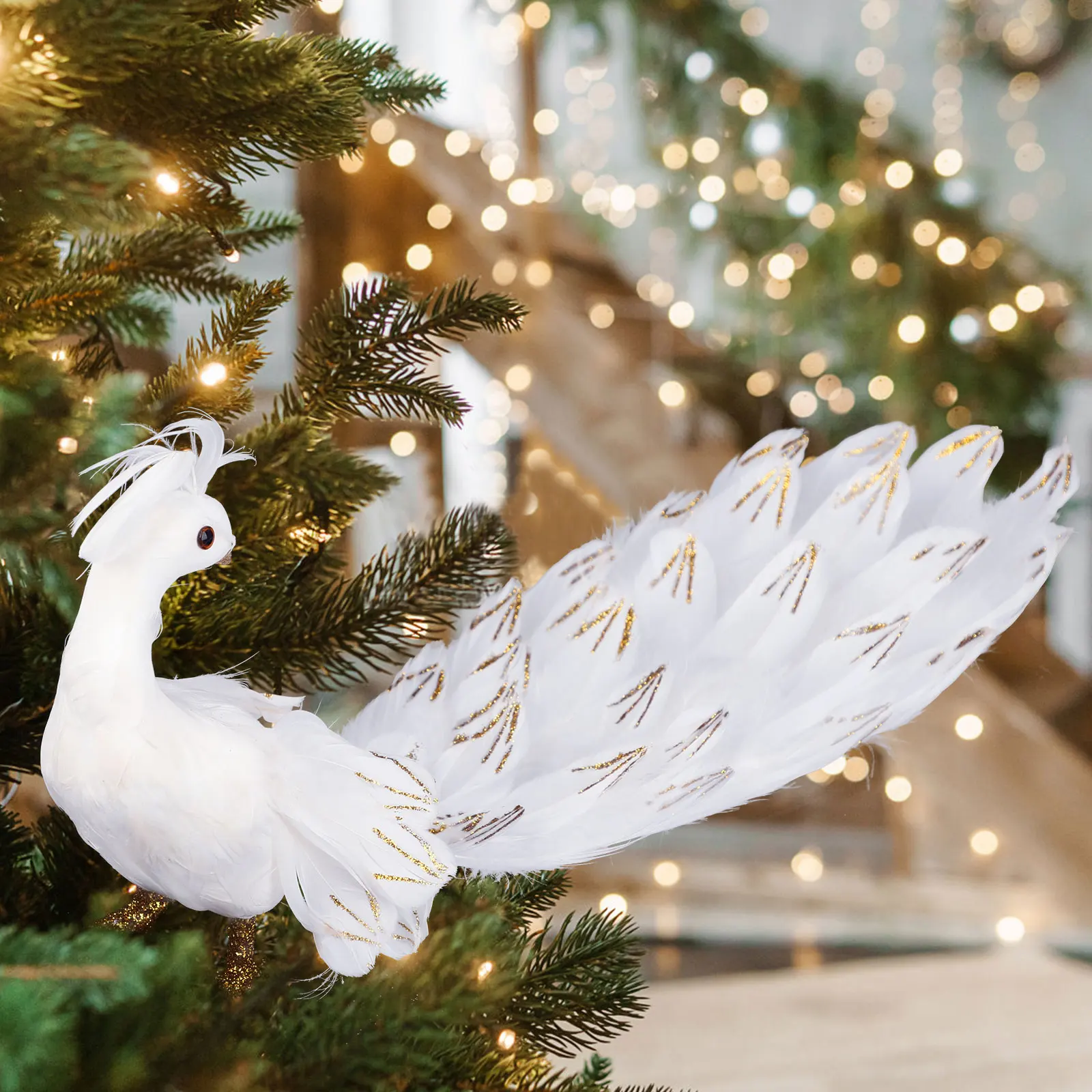 Glitter White Peacock Ornaments Shiny Real Feathers Bird Christmas Tree Decor Office Home Xmas Party Decoration