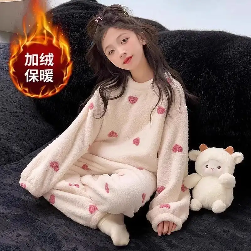 

Flannel Pajamas Girl Winter Clothes 7 To 12 Years Old Thicken Warmth Homewear New Trendy Sleepwear Sweet Style Children Clothes