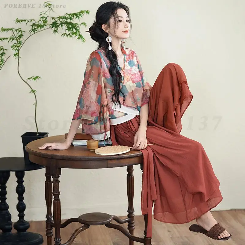 Women Chinese Tang Suit Hanfu Vintage Buckle V-Neck Cardigan Classical Modified Print Floral Top Culottes Ethnic Style Costume