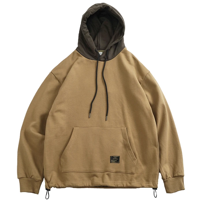 Autumn Winter Contrasting Color Splicing Hooded Sweatshirt Hem Drawstring Adjustment Pullover Light Fleece Jacket for Men