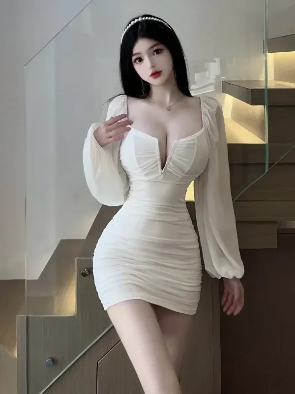 Sheer Mini Dress สแควร์คอ Slim ตาข่ายแขนยาวเซ็กซี่ชีฟองโคมไฟแขน Slim Hip สีขาวชุด Office Lady Tops
