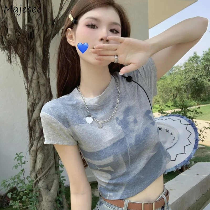 American Retro Gray Crop T-shirts Women Y2k Chic Tie-dye Short-sleeved Tops Sexy Slim Lovely Girlish Streetwear Fashion Summer