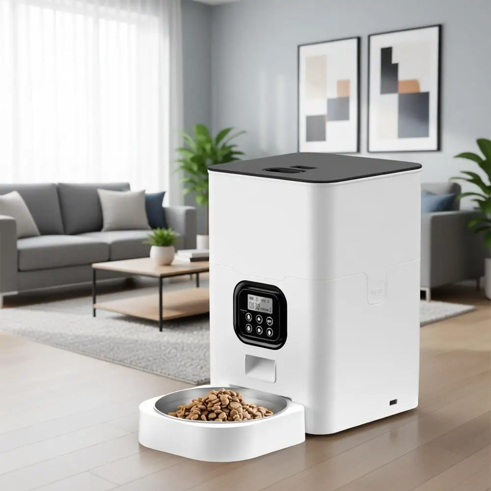 

Timed Pet Feeder for Cats and Dogs with Dry Food Dispenser, Desiccant Bag, Programmable Portion Control, 4 Daily Meals, 10s Voic