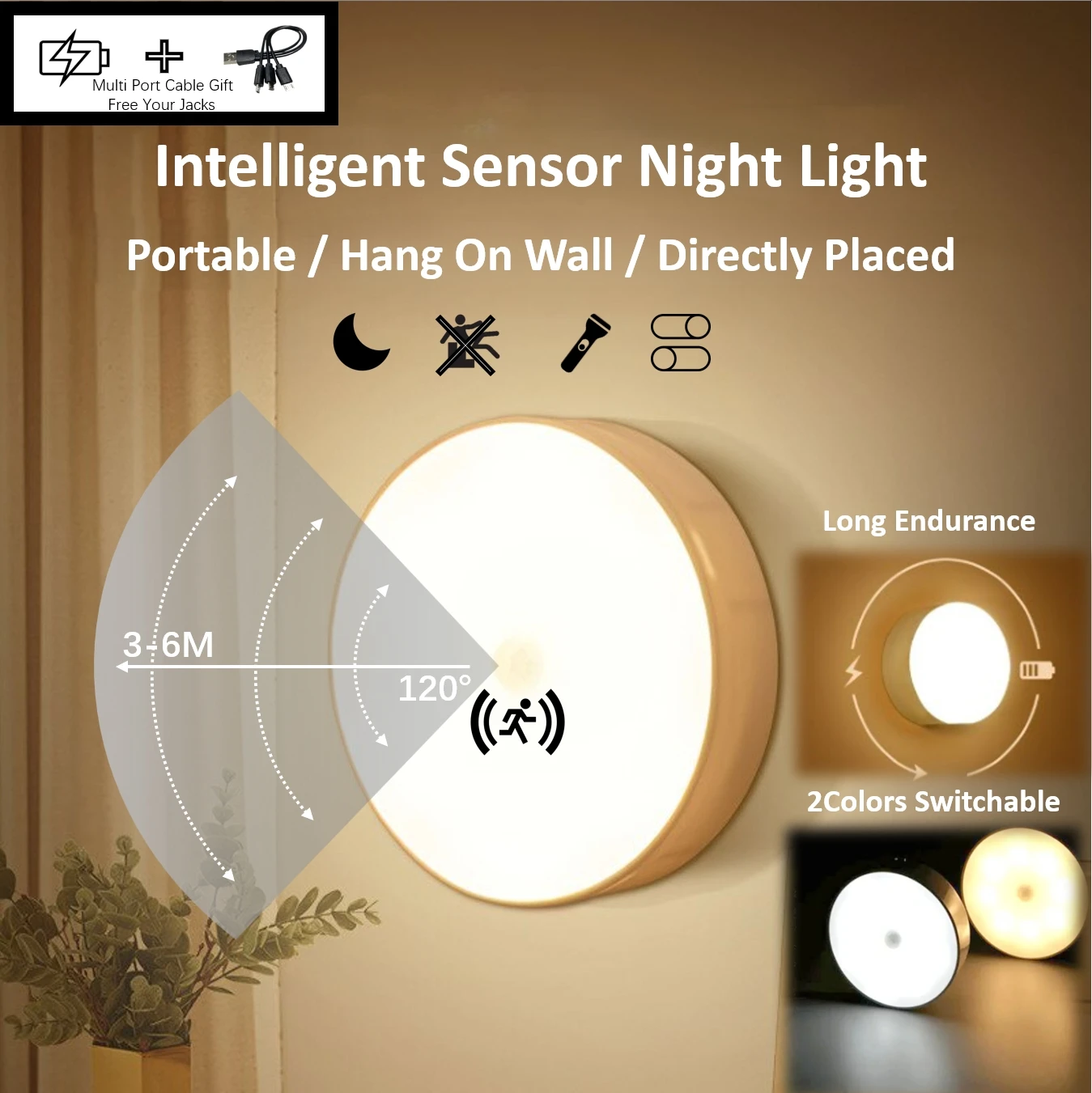 

Jacks Free 2Color in 1 LED Night Light Portable Rechargeable Motion Sensor Household Smart Magnetic Body Induction Lamp for Kid