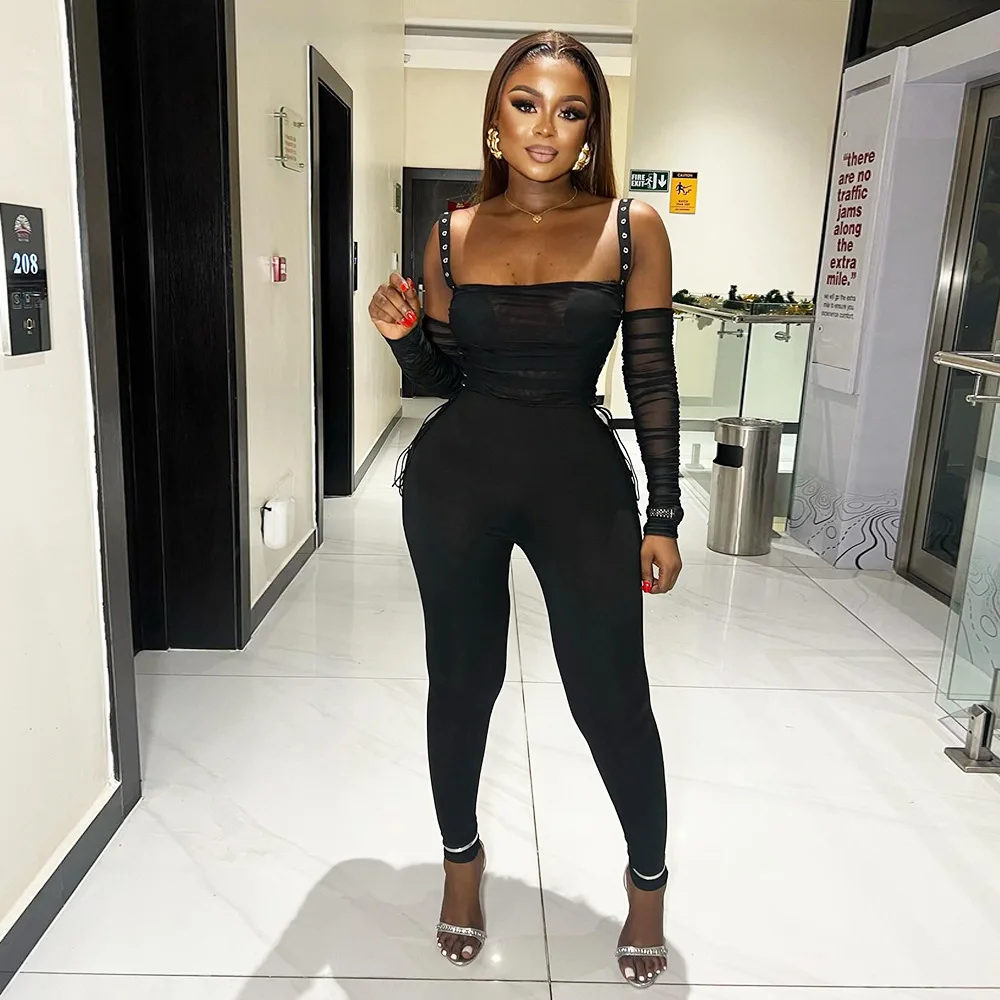 

BKLD 2025 Spring New Sexy Party Clubwear Backless Mesh Strap Crop Tops With Sleeves Pants Two Piece Sets Outfits For Women