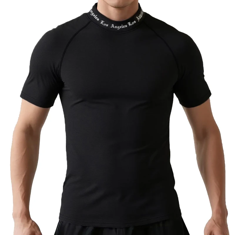 Los Angeles Print Mock Neck Short Sleeve Compression Shirt for Men Gym Workout Running T-Shirts Undershirts Baselayers Tees Tops