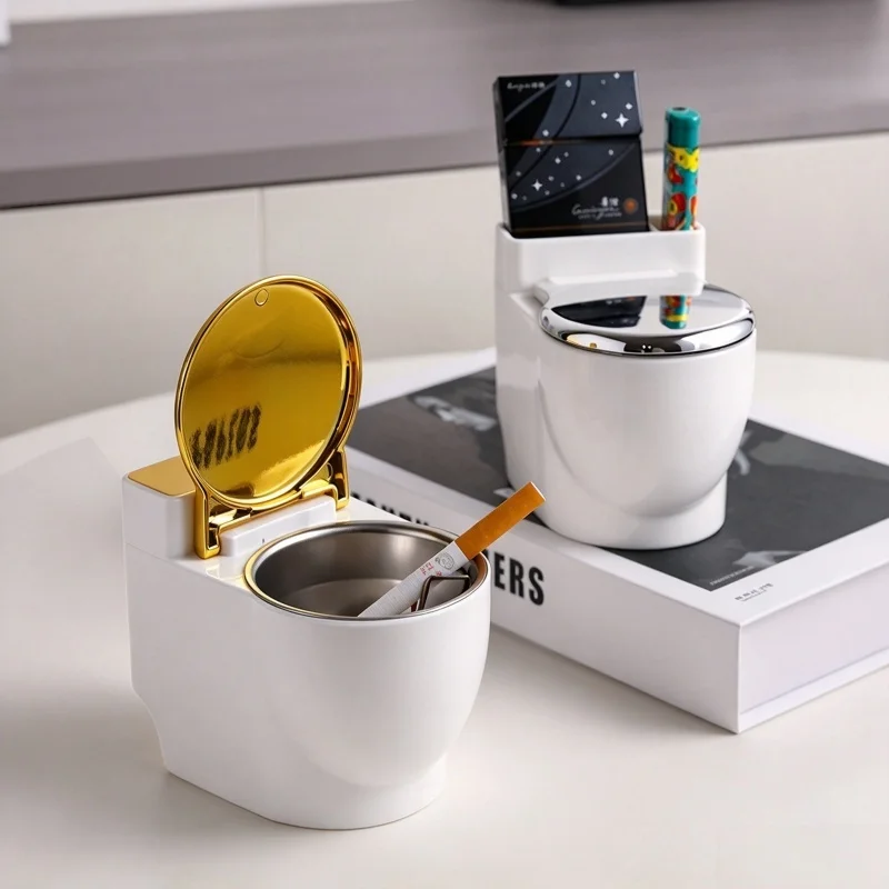 Novelty Mini Toilet Shaped Ashtray Wall Mount & Desktop Flip Cover Stainless Steel Liner Funny Smoking Accessory Festival Gift