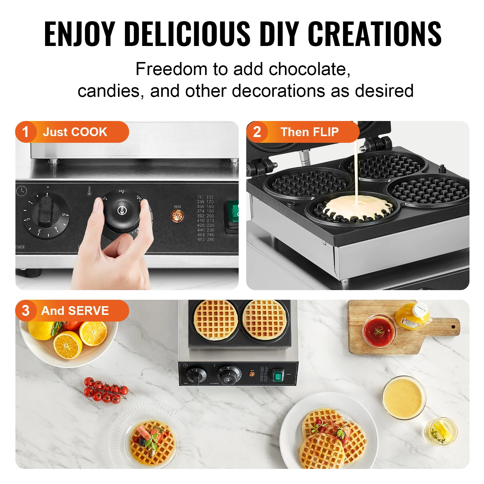 SucceBuy 4 PCS Commercial Waffle Maker Round Waffle Baker Machine 1750W Non-Stick Stainless Steel Belgian Waffle Iron with Temp