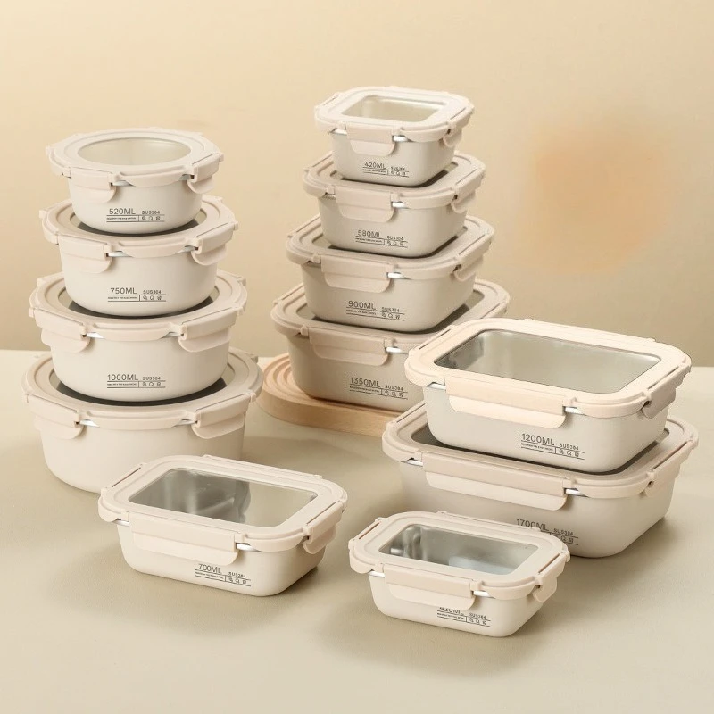 304 stainless steel glass cover fresh-keeping box anti-spill sealed lunch box multi-specification visual cover