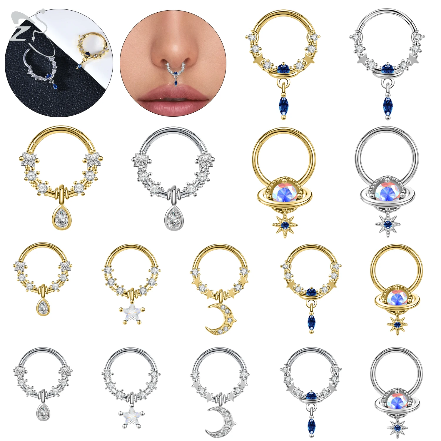 ZS 1PC 16G Star Moon Nose Piercings Gold Plated Dangle Nose Ring Stainless Steel Septum Clicker Zircon Helix Cartilage Piercing