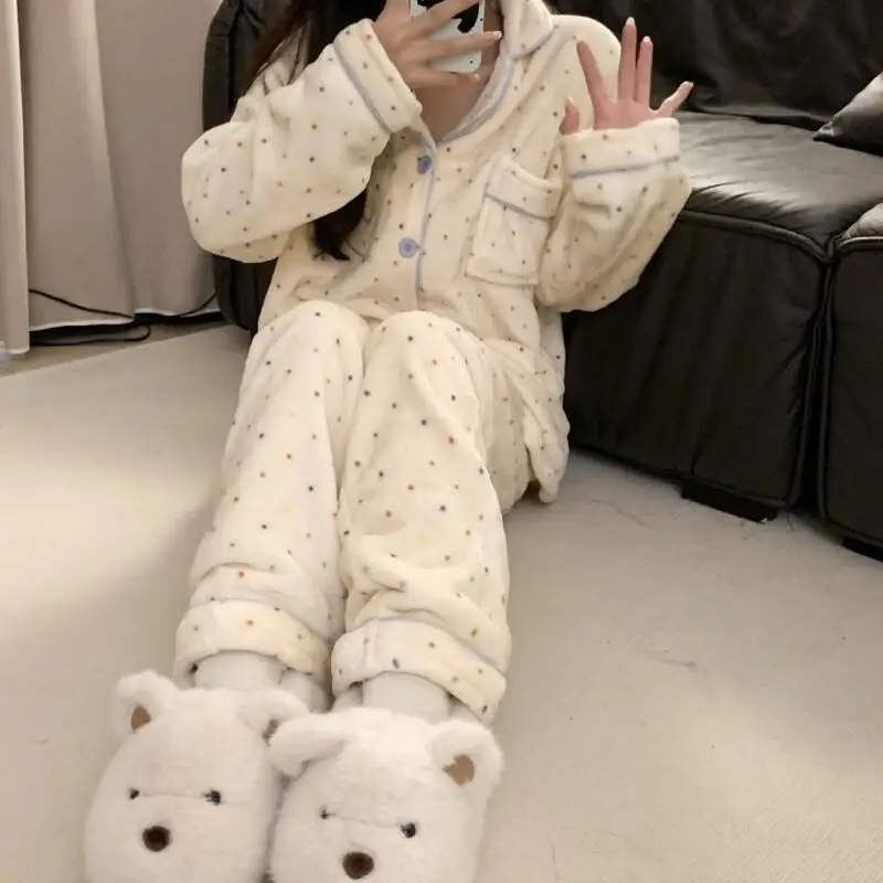 طقم بيجامة نسائي من الفلانيل ملابس نوم شتوية دافئة من الصوف المرجاني ملابس نوم مريحة بأكمام طويلة ملابس منزلية للنساء #3