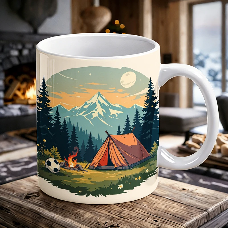 

Adventure Camping Mountain Retreat with Tent and Soccer Ball Mug with a bottle opener function of 2026 Major Football Event
