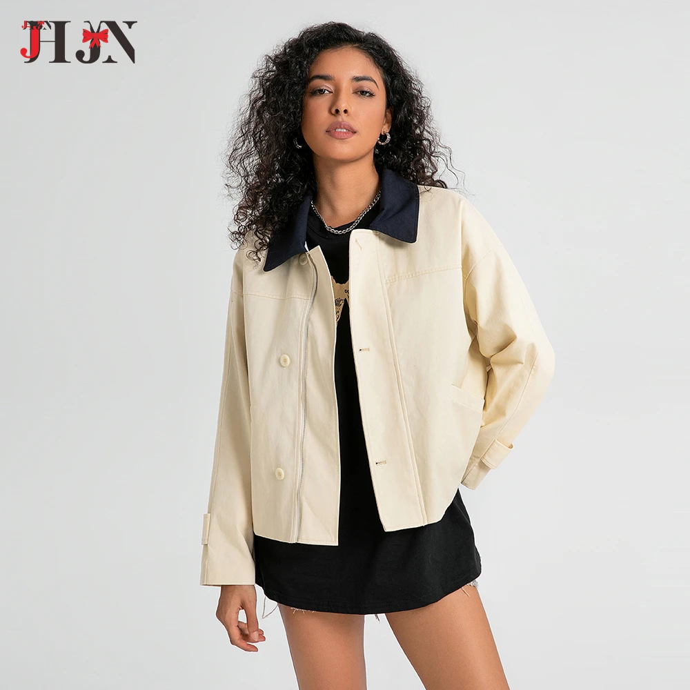 Flip collar camping Color blocking splicing short jacket Button decoration zipper Jacket leisure time Korean version jacket