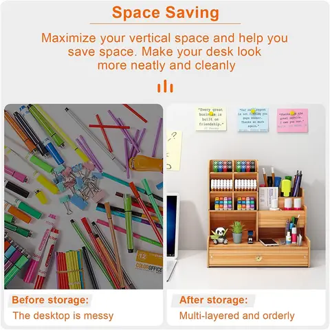 लकड़ी का डेस्क ऑर्गनाइज़र DIY डेस्कटॉप टिडी पेन होल्डर बड़ी क्षमता वाला स्टेशनरी स्टोरेज बॉक्स दराज के साथ घर, ऑफिस और स्कूल के लिए 10 best sales आयोजकों - №8