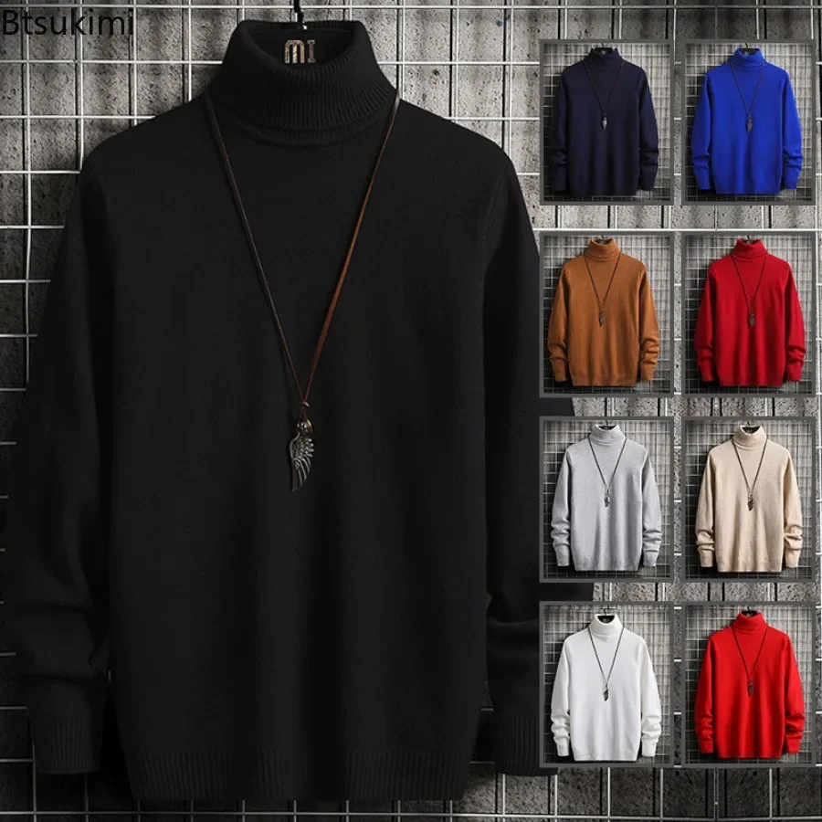 2024 Turtleneck Sweaters Men\'s Solid Pullovers Knitted Sweater High Collar Knitwear Pullovers Autumn Winter Warm Sweater for Men