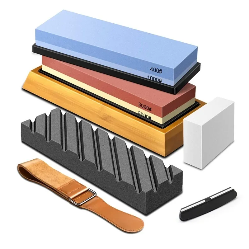 Complete Knife Sharpening Stone Set Dual Grit Whetstone 400/1000 3000/8000 Knife Sharpener with Leather Strop Flattening Stone