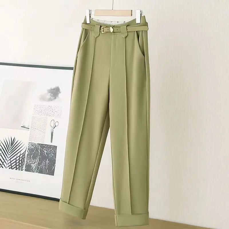 Women\'s Clothing Spring Autumn Solid Color Button Pockets Sashes Casual Straight Trouser Suits Office Lady Vintage Cropped Pants