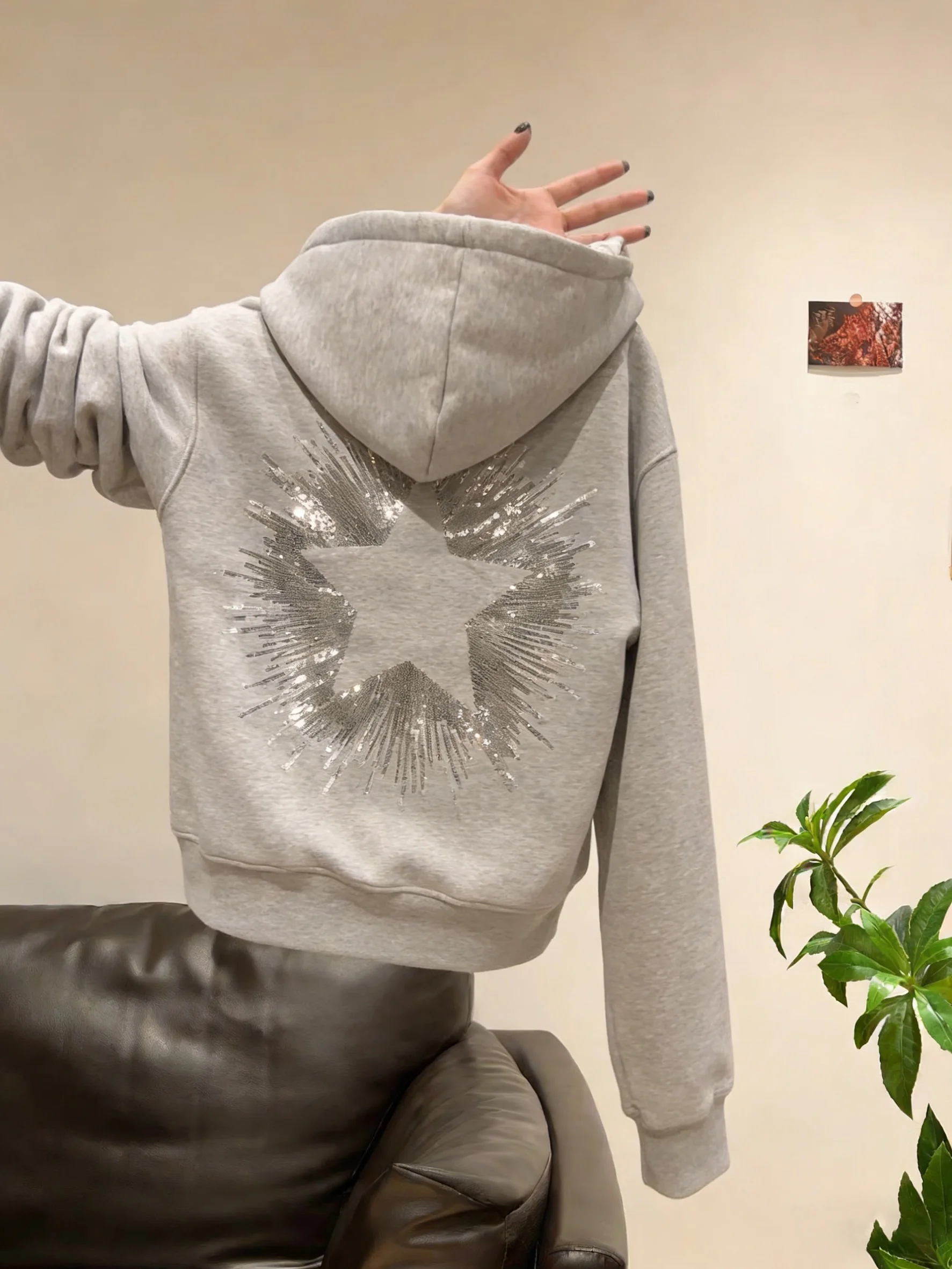 

American Sle Loose Fit Hoodie Sweatirt ex Spring Autumn Long Sve Glitter Star Print Casual Versatile Streetwear