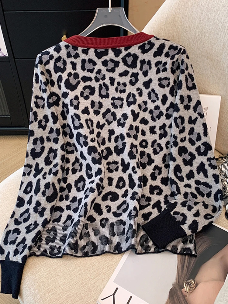 Koreanische Retro Lange Hülse Lose frauen Süße Oberbekleidung Vielseitig Gestrickte Top Neue High Street Fashion Frauen Leopard Print Pullover