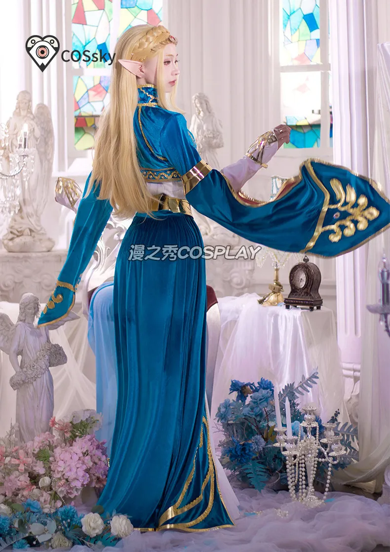Women Blue Velvet Princess Elegant Dress Cosplay Zelda Costume Halloween Carnival Fancy Fantasy Uniform Wig Prop Game XS-XXXL view 4