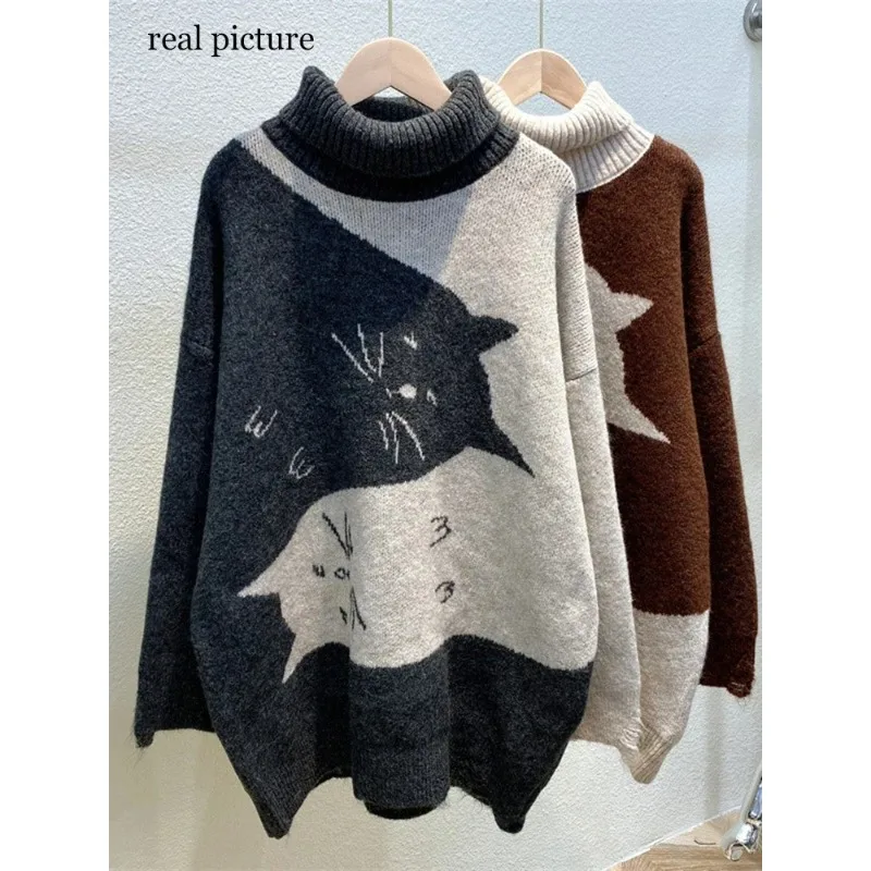 

Korean Cute Cat Sweater Wind Knitted Autumn Winter Turtleneck Print Knit Leisure Oversized Pullover Warm Upper Garment Women