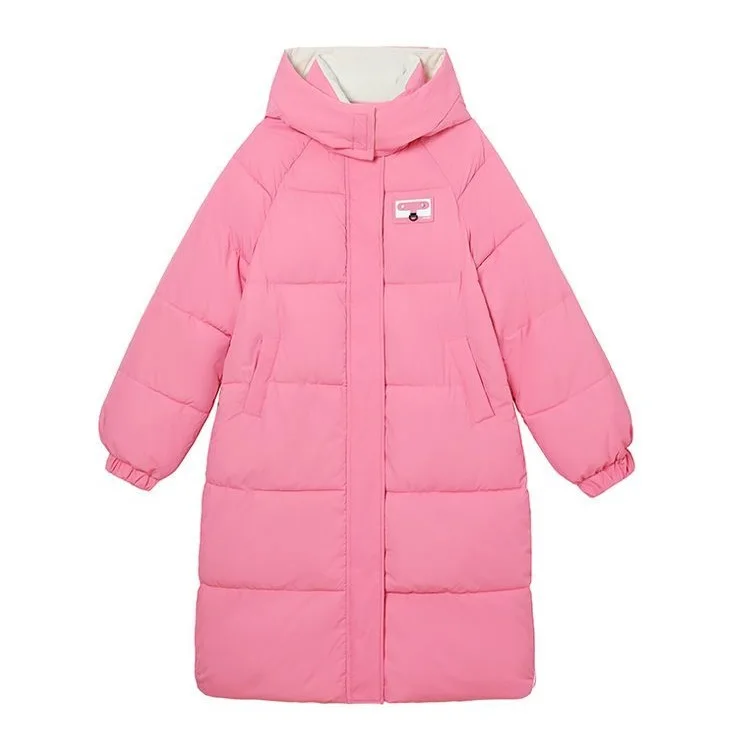 Long Hooded Puffer Coat Women Contrast Collar Warm Quilted Parka Zip‑Up Loose Windproof Winter Outerwear Ladies Padded Jacket
