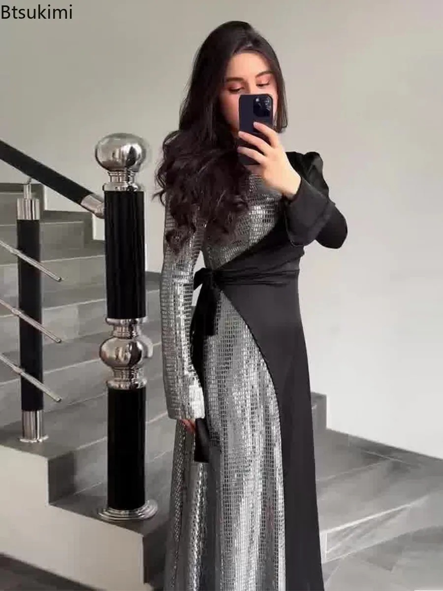 

Spring New Women's Fashion Sequins Spliced Maxi Dress Elegant Slim Color Blocking Long Sleeve Dress Ladies Party Evening Dresses