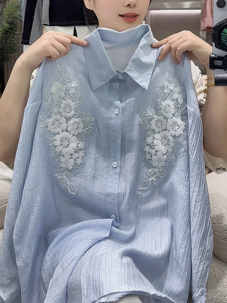 

Korean Sle Embroidered Loose irt Spring Summer Transparent Faionable White Large Size Sun Protection Flower Design
