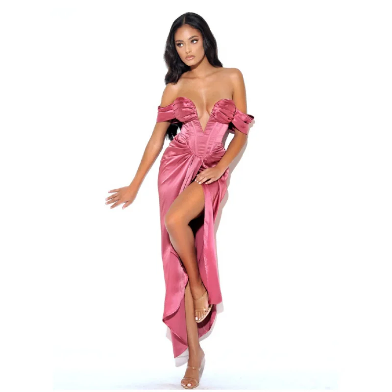 2023 nieuwe collectie roze off-shoulder strapless satijnen sexy mode lange jurk voor verjaardagsbanketfeest