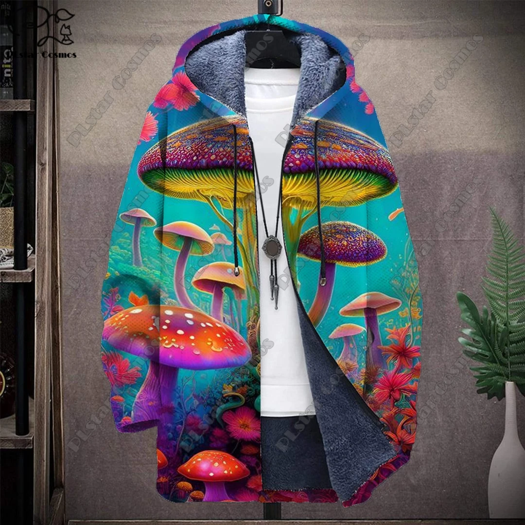 

3D printing color mushroom hallucinogenic pattern hooded zipper warm and cold-proof jacket winter give yourself a casual gift