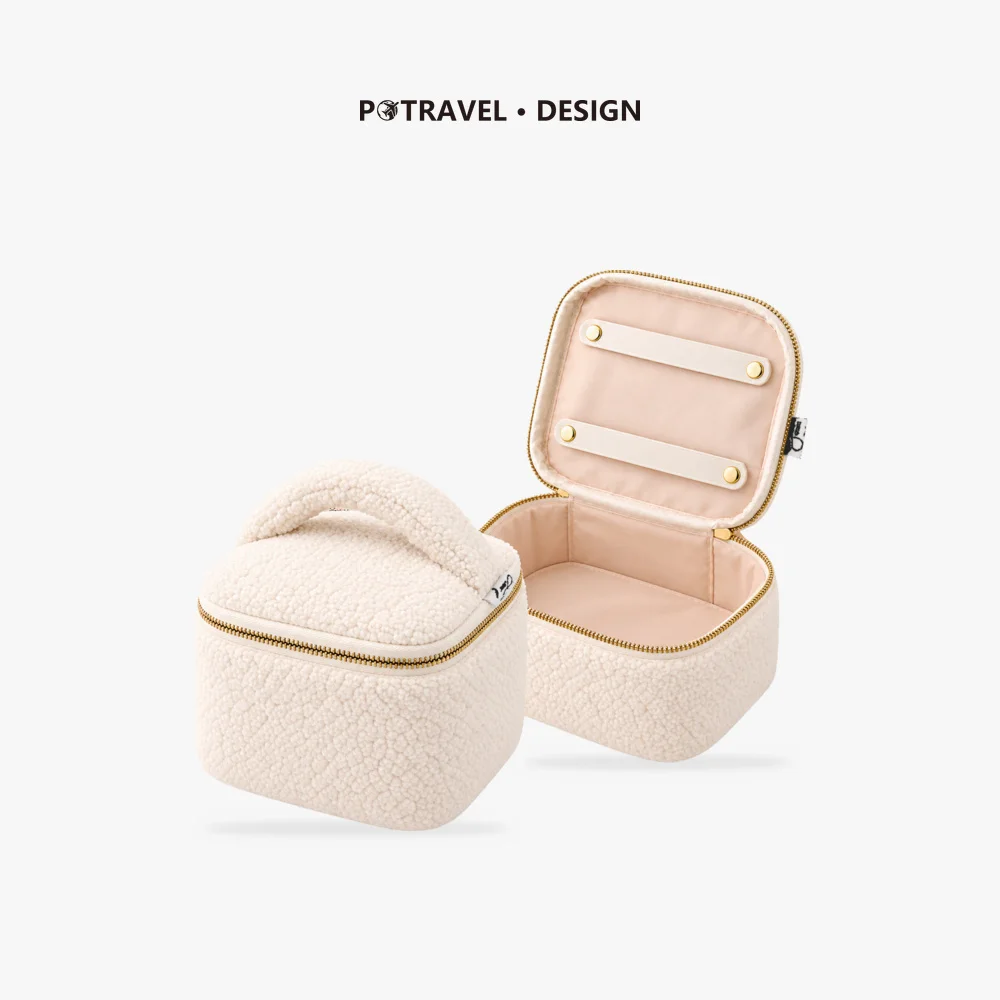 Travel Jewelry Case Fluffy Sherpa Makeup Storage Box Portable Soft Cosmetic Organizer for Women Necklace Earring Rings