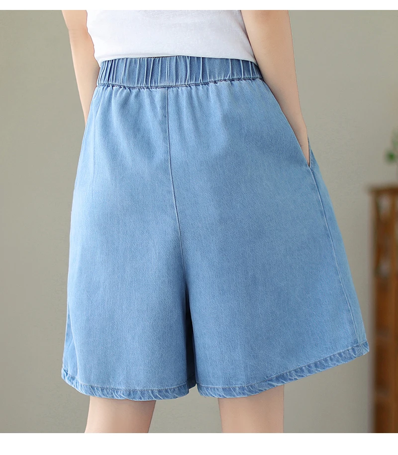 

Новые летние женские джинсы больших размеров с высокой талией и широкими штанинами, обтягивающие живот, повседневные джинсы пять четвертей, синие